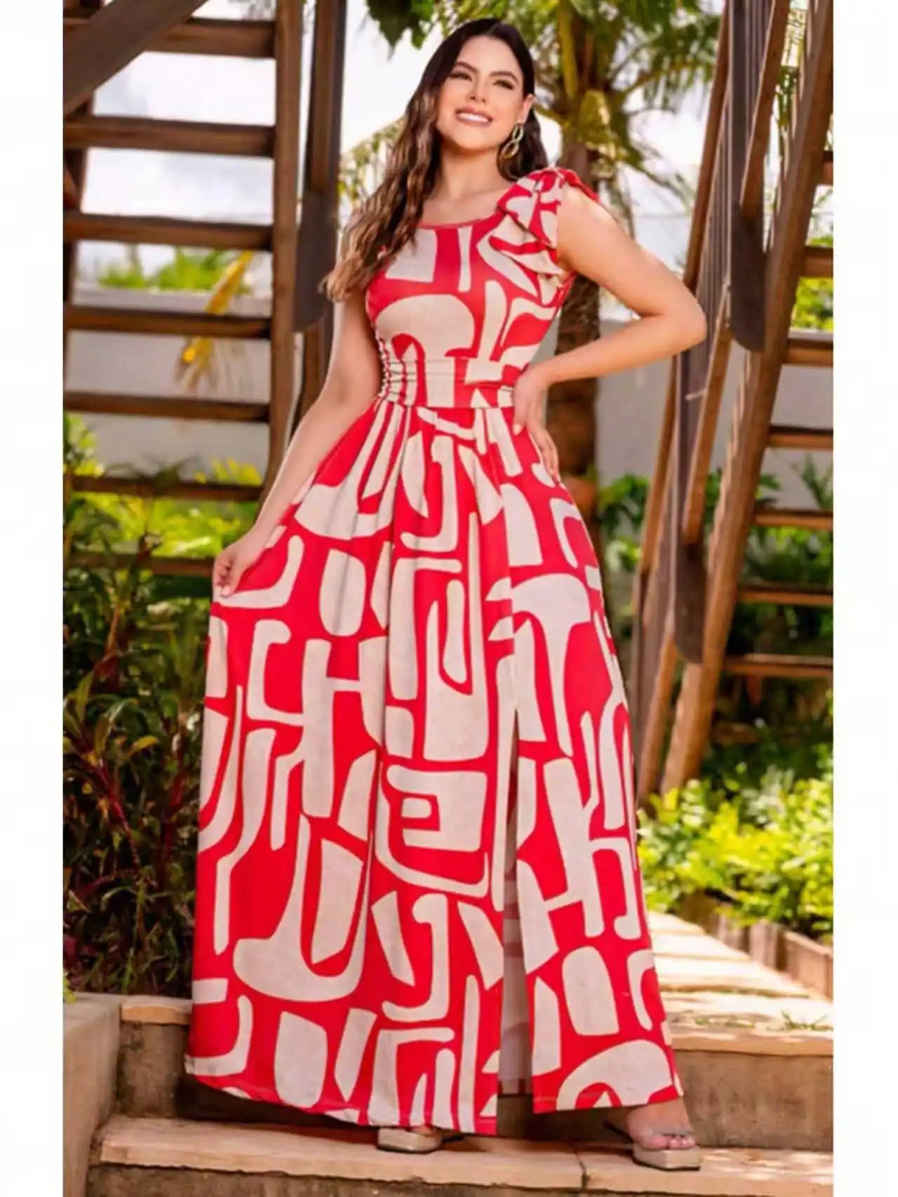 Elegant Geometric Print Sleeveless Maxi Dress With Bow