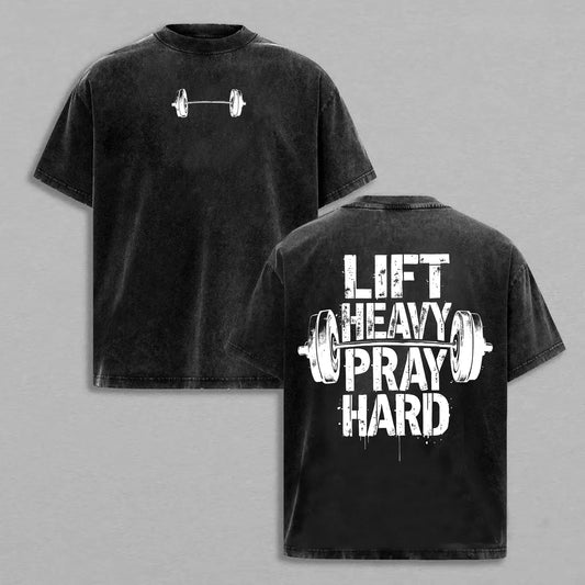 Men Vintage Acid Wash Barbell Faith Cotton Graphic Tee