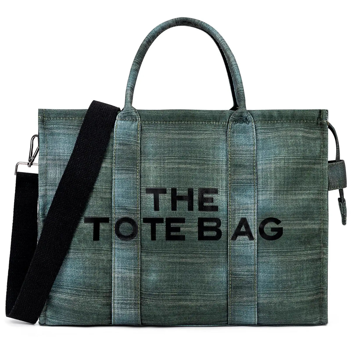 Denim Canvas Tote Bag With Zipper And Multiple Interior Pockets