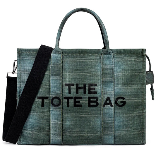 Denim Canvas Tote Bag With Zipper And Multiple Interior Pockets