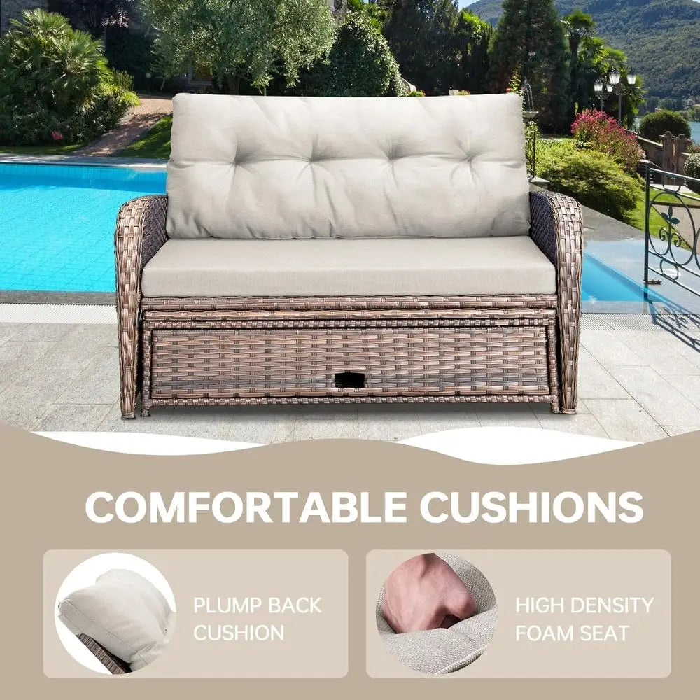 Outdoor Patio Daybed With Dual Reclining Seats And Side Trays