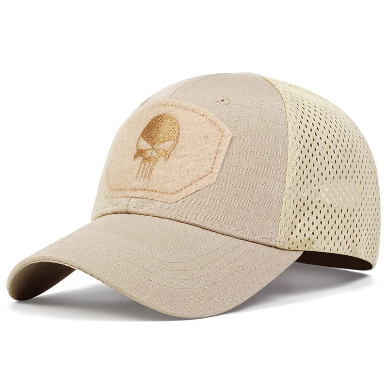Adjustable Camouflage Mesh Baseball Cap With Skull Patch And Strap