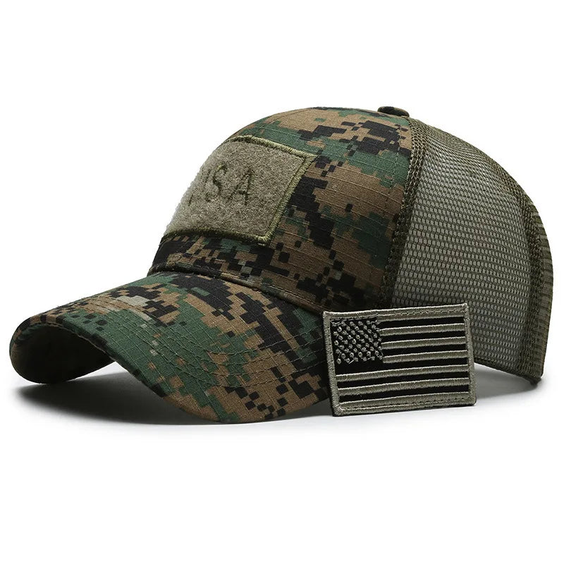 Tactical Camouflage Mesh Baseball Cap With Adjustable Strap And Patch