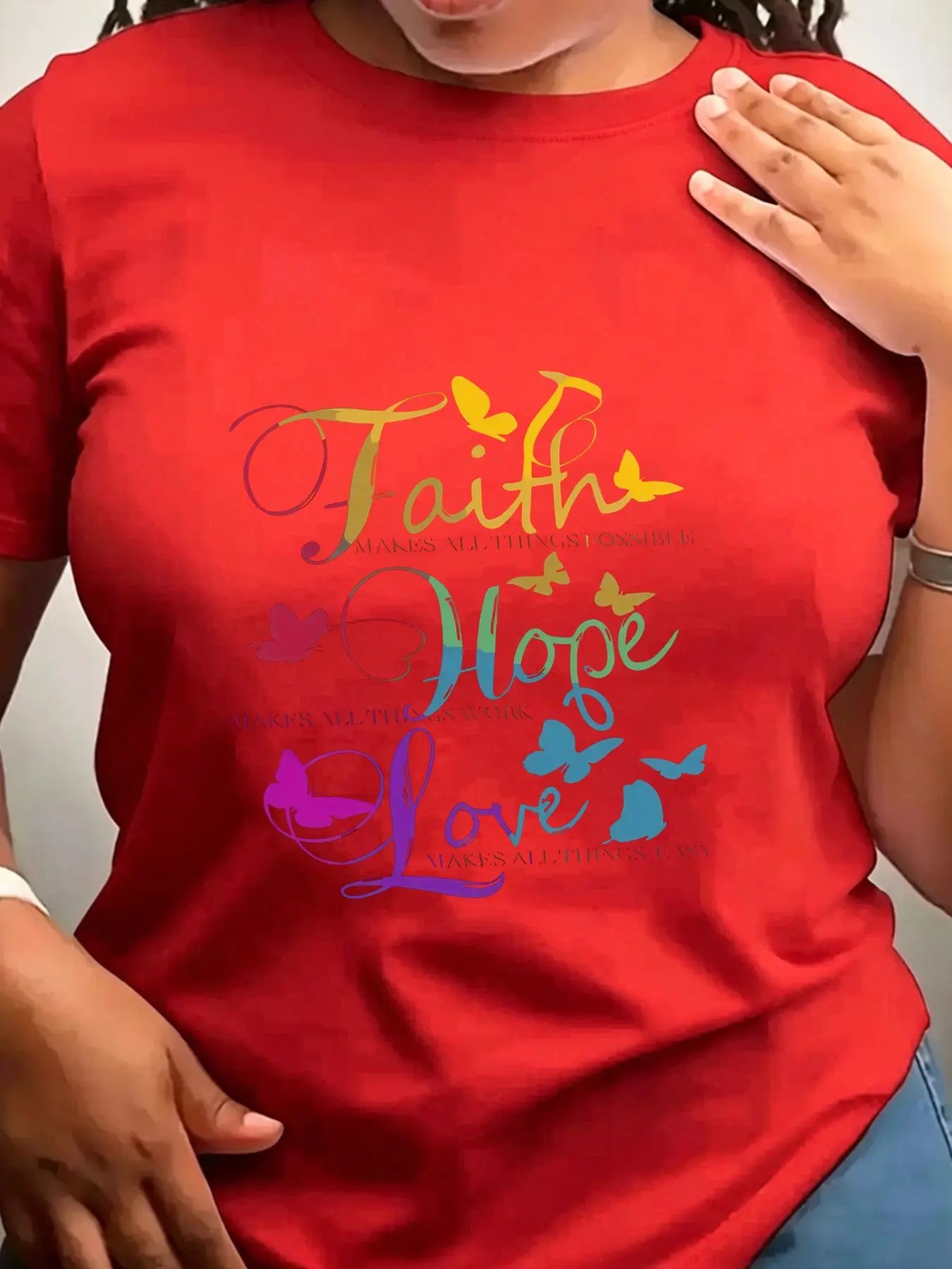 Women's Cotton Crew Neck Faith Hope Love Butterfly Print Top