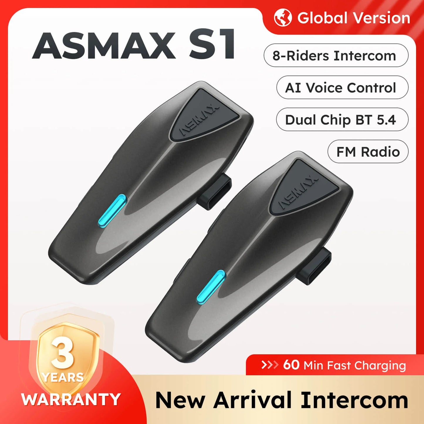 ASMAX S1 Bluetooth Motorcycle Helmet Headset Intercom 8 Rider IPX7