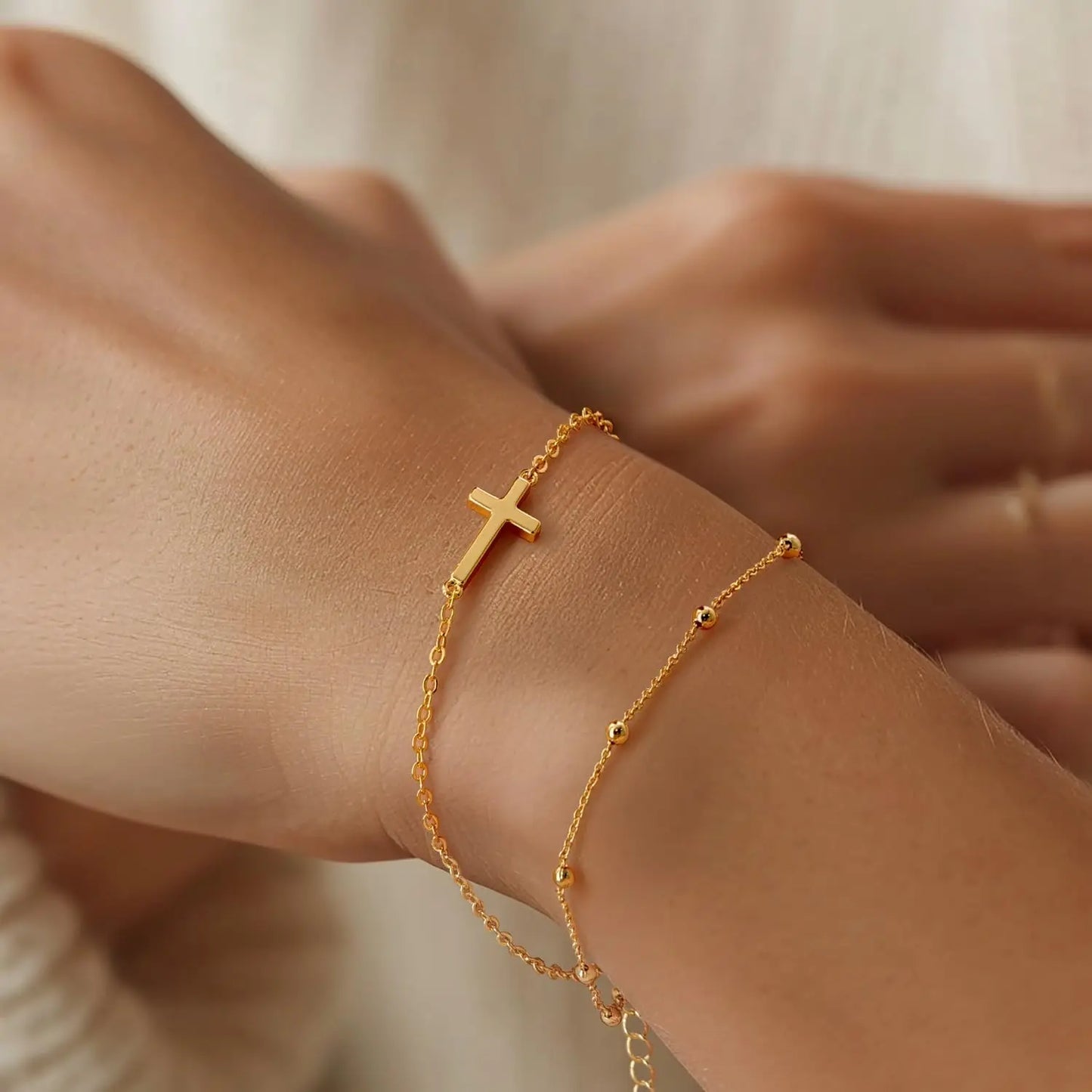 Women Double Layer Cross Beaded Chain Link Bracelet