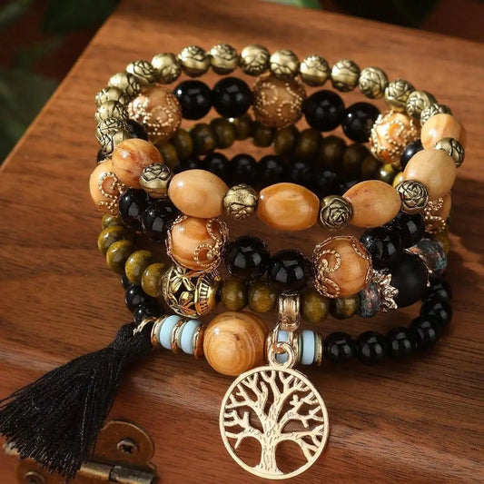 Boho Life Tree Tassel Pendant Multi Layer Wooden Beads Bracelet
