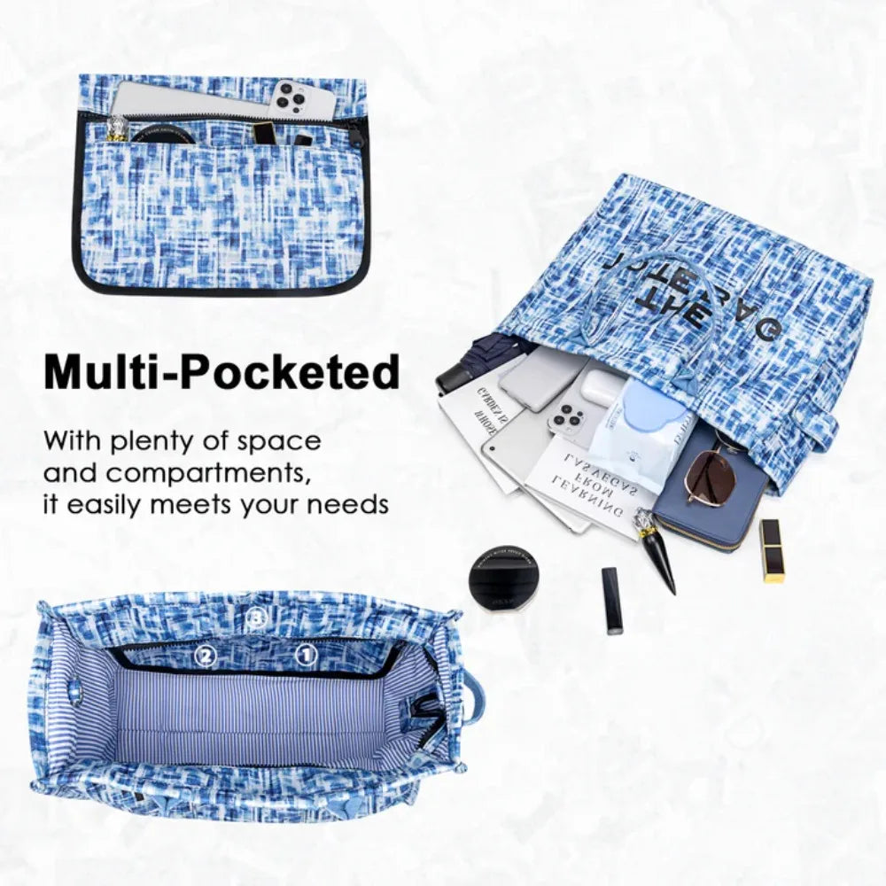 Denim Canvas Tote Bag With Zipper And Multiple Interior Pockets