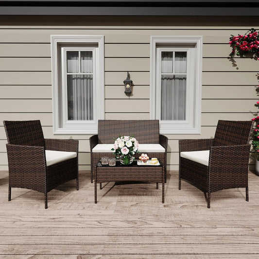 HiMISS Four Piece Outdoor Rattan Patio Furniture Set With Cushions