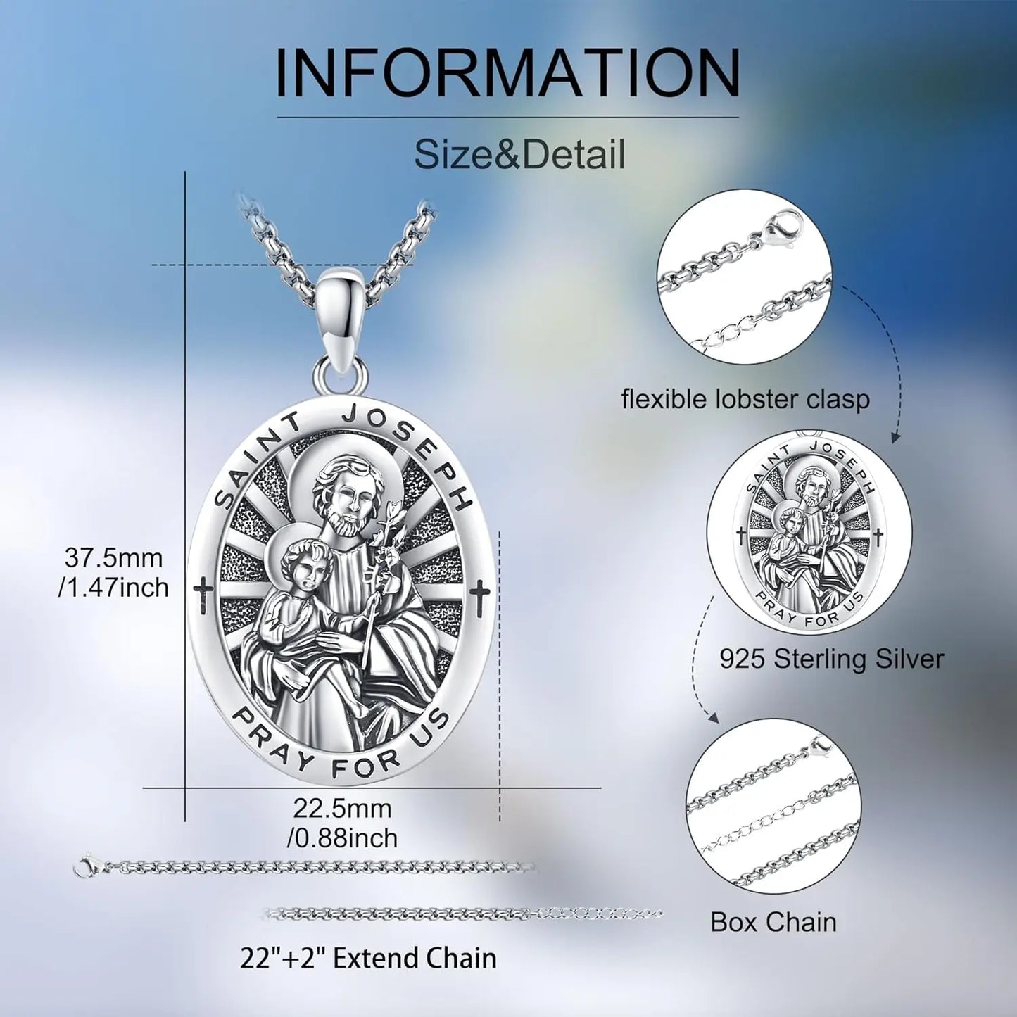 Drinsper 925 Sterling Silver Saint Joseph Medal Pendant Necklace