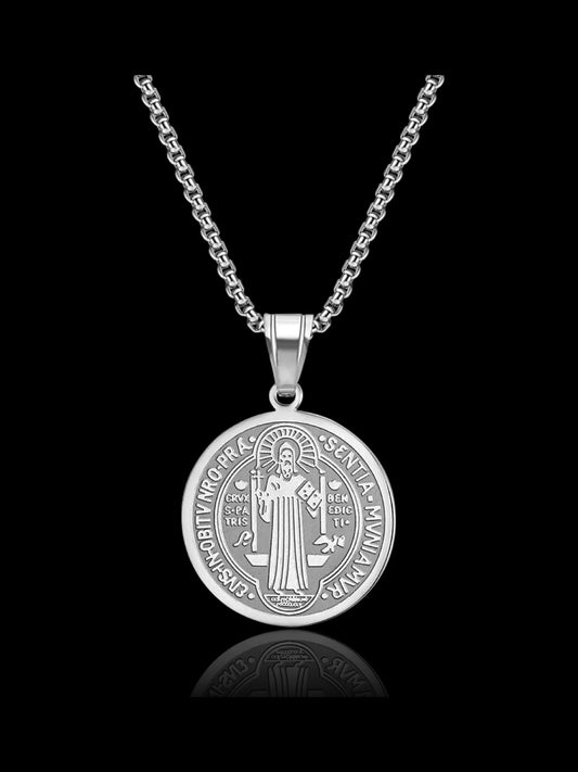 Saint Benedict Medal Cross Pendant Necklace Stainless Steel Faith Jewelry