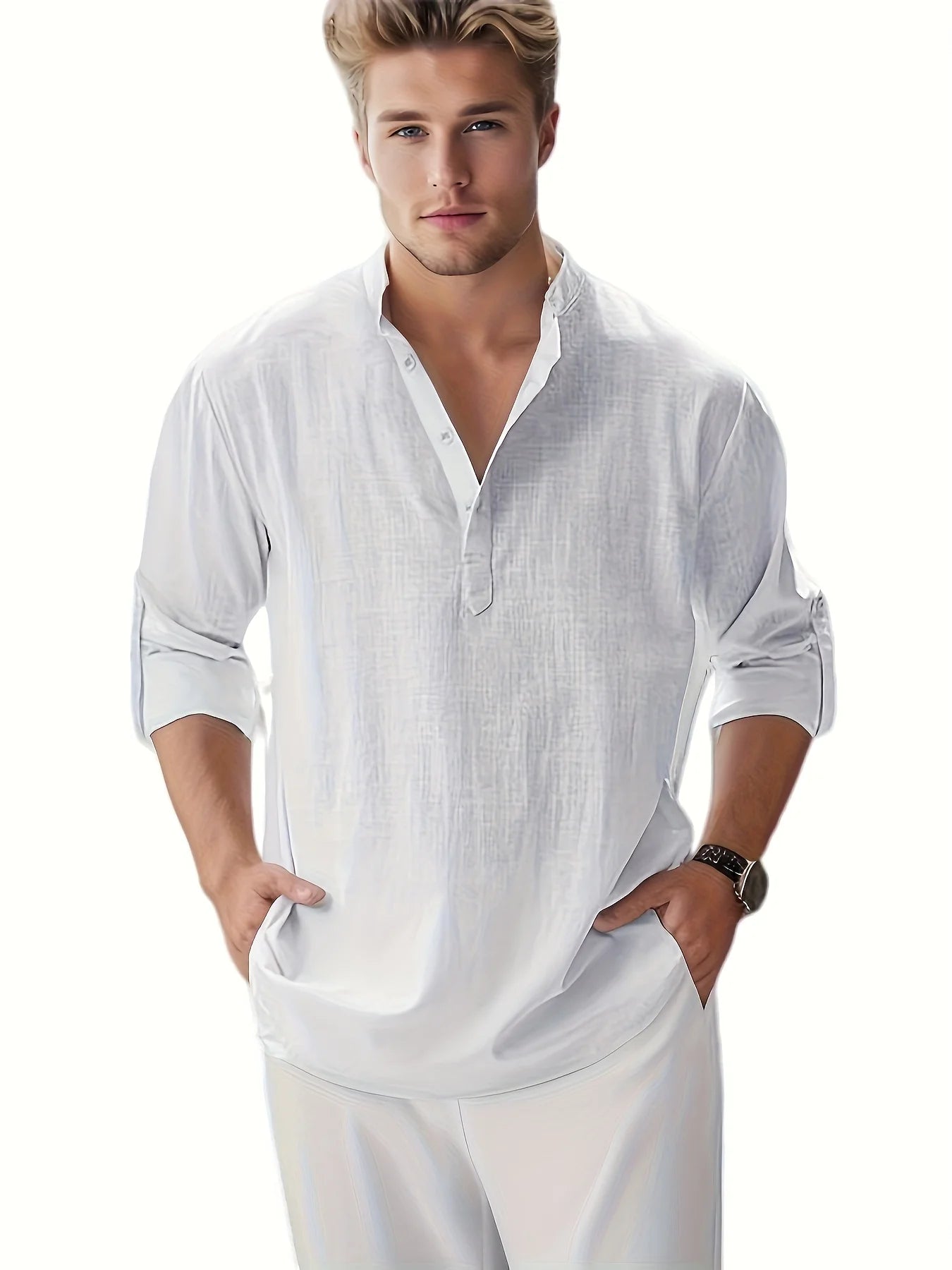 Mens Cotton Linen Long Sleeve Relaxed Casual Stand Collar Shirt
