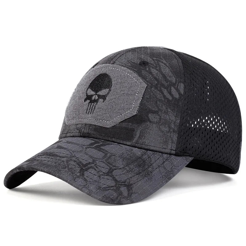 Adjustable Camouflage Mesh Baseball Cap With Skull Patch And Strap