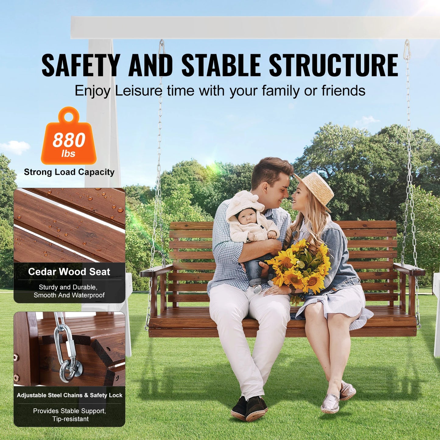SucceBuy Outdoor Cedar Wood Porch Swing Heavy Duty Steel Chains