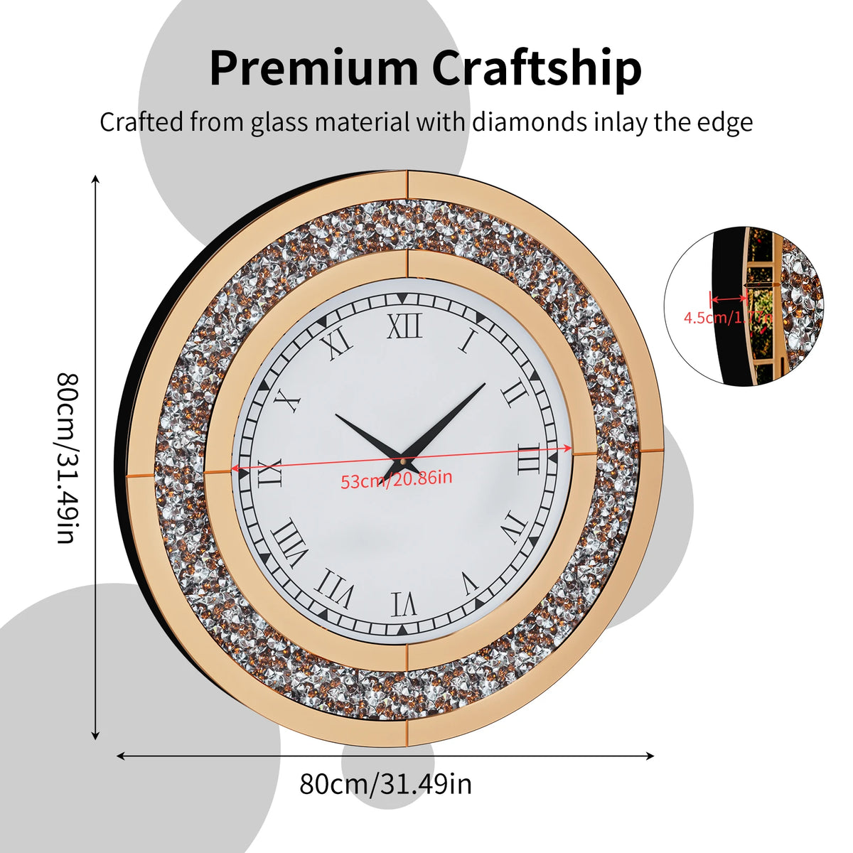 Crystal Sparkle Mirrored Round Wall Clock With Decorative Design