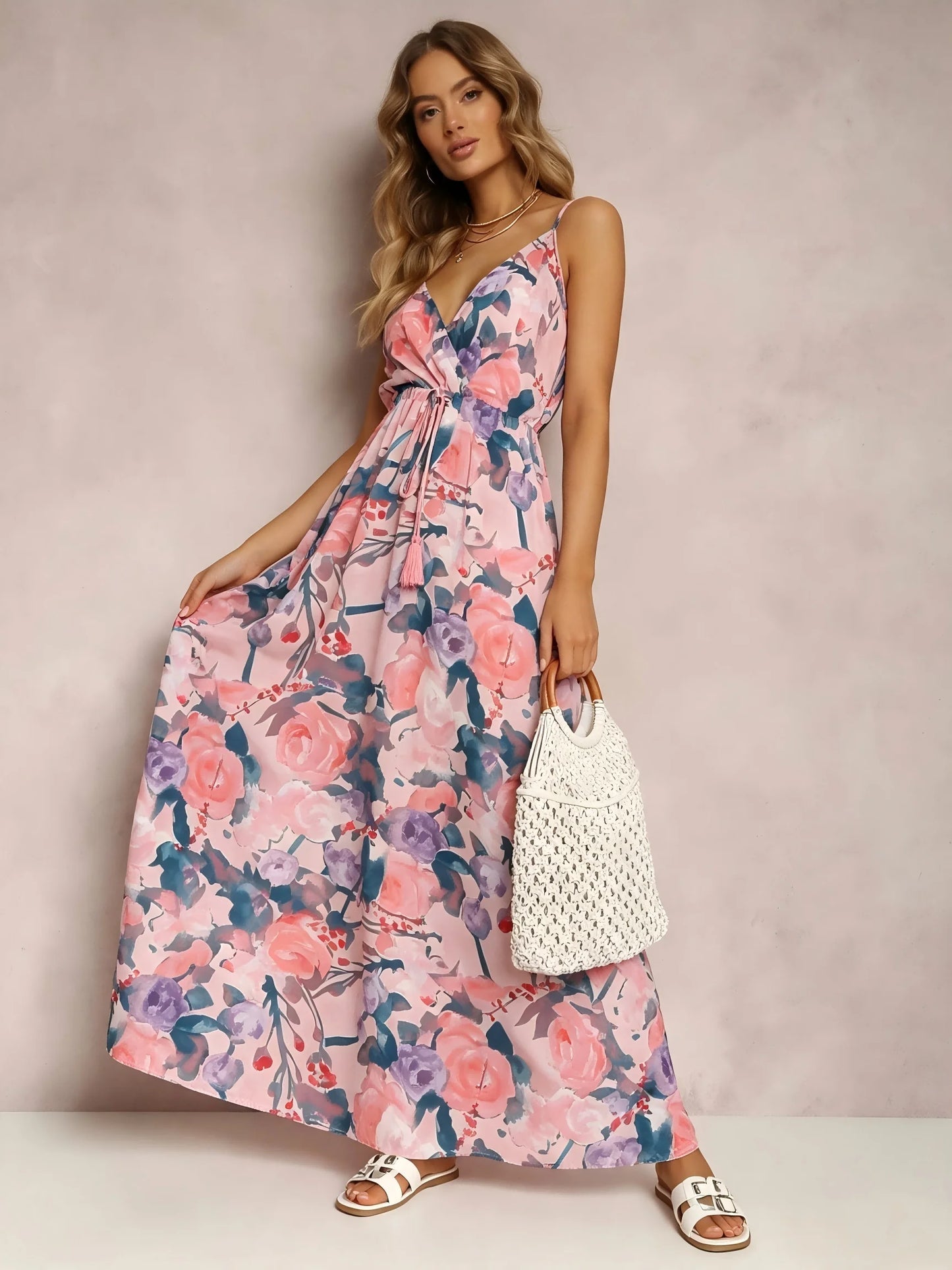 Women Watercolor Floral Print V Neck Spaghetti Strap Maxi Sundress