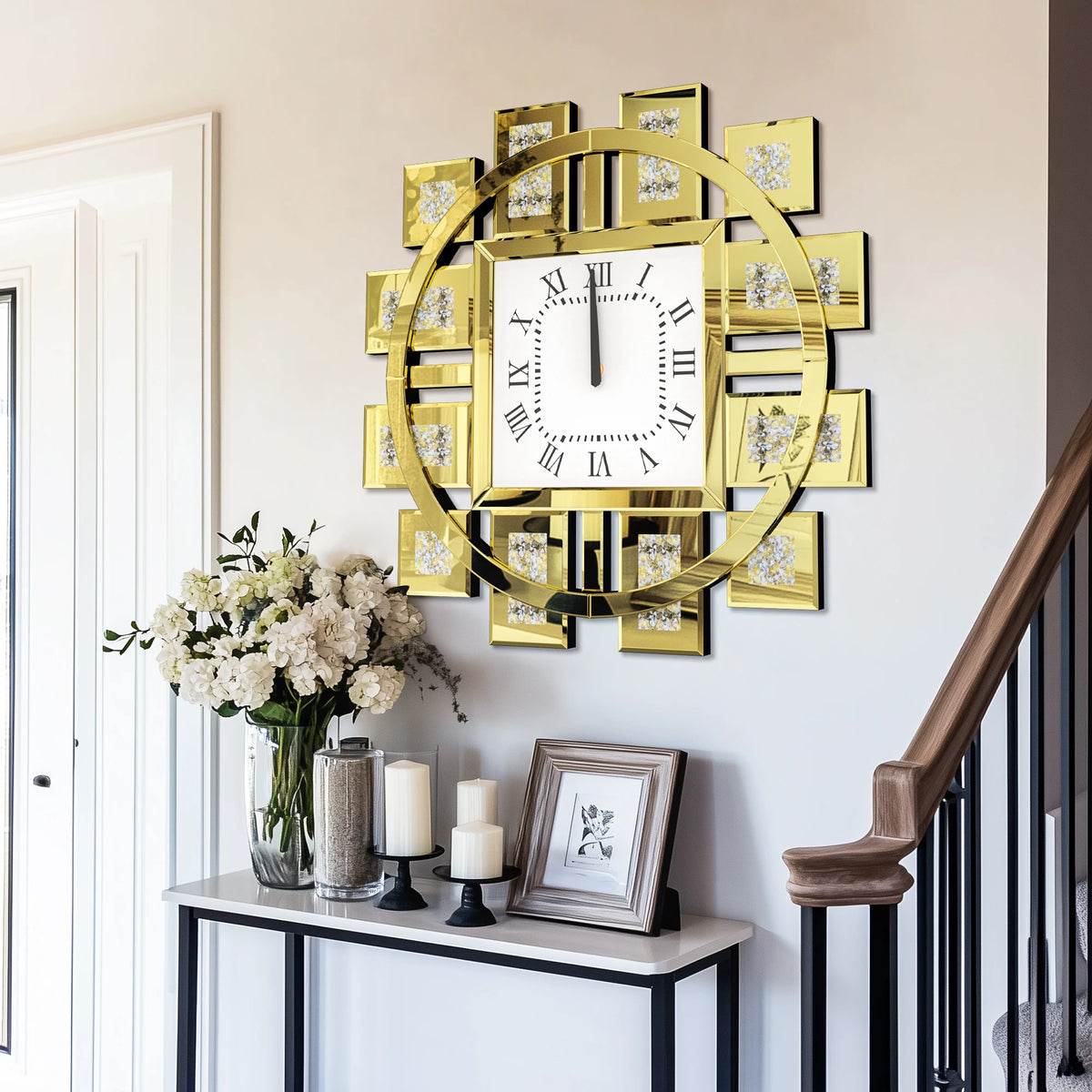Irregular Crush Diamond Mirrored Wall Clock With Roman Numerals