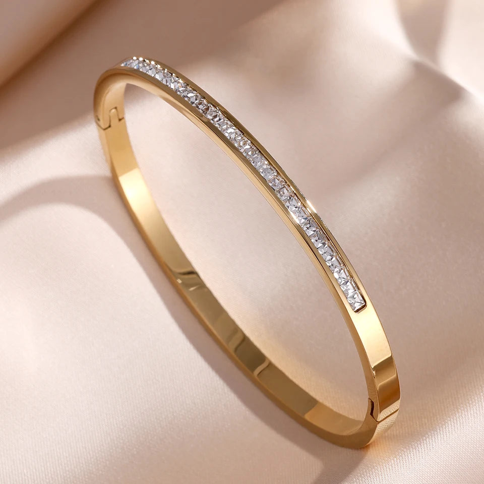 Sparkling Zirconia Stainless Steel Stackable Bracelet Set For Women