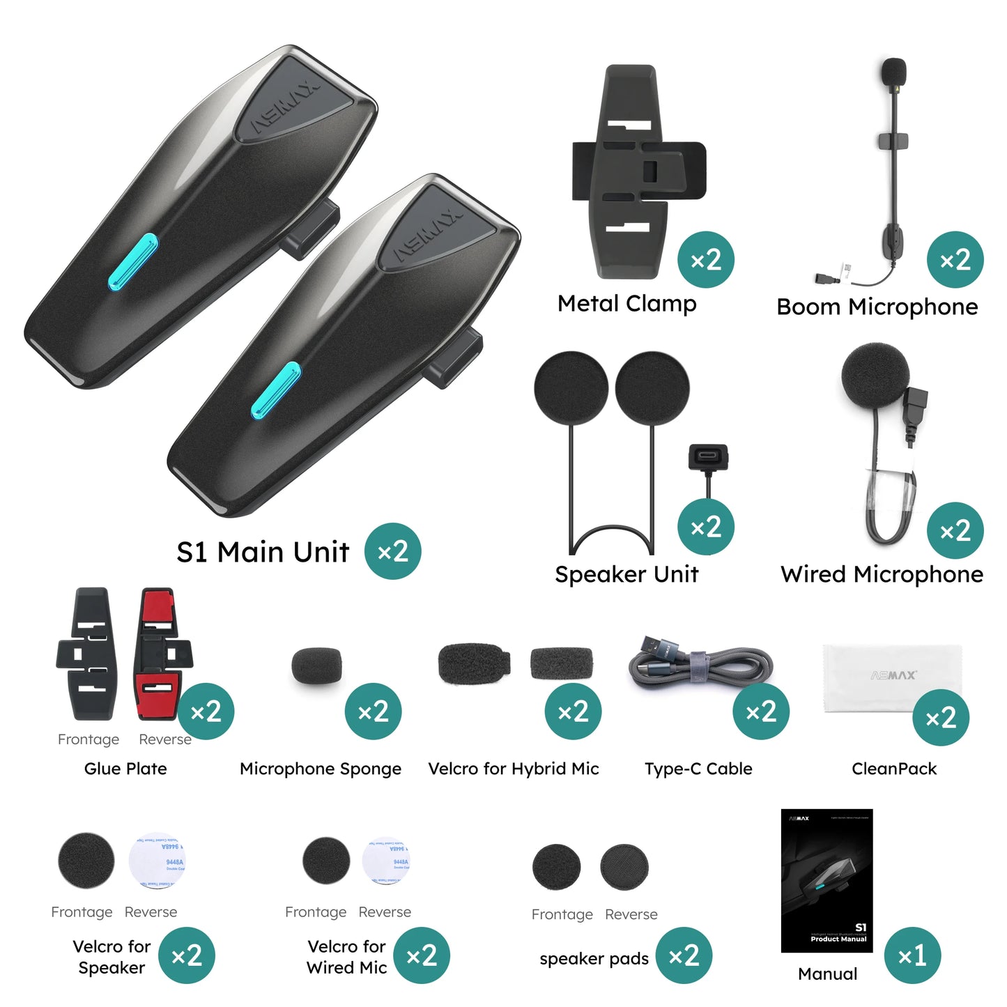 ASMAX S1 Bluetooth Motorcycle Helmet Headset Intercom 8 Rider IPX7
