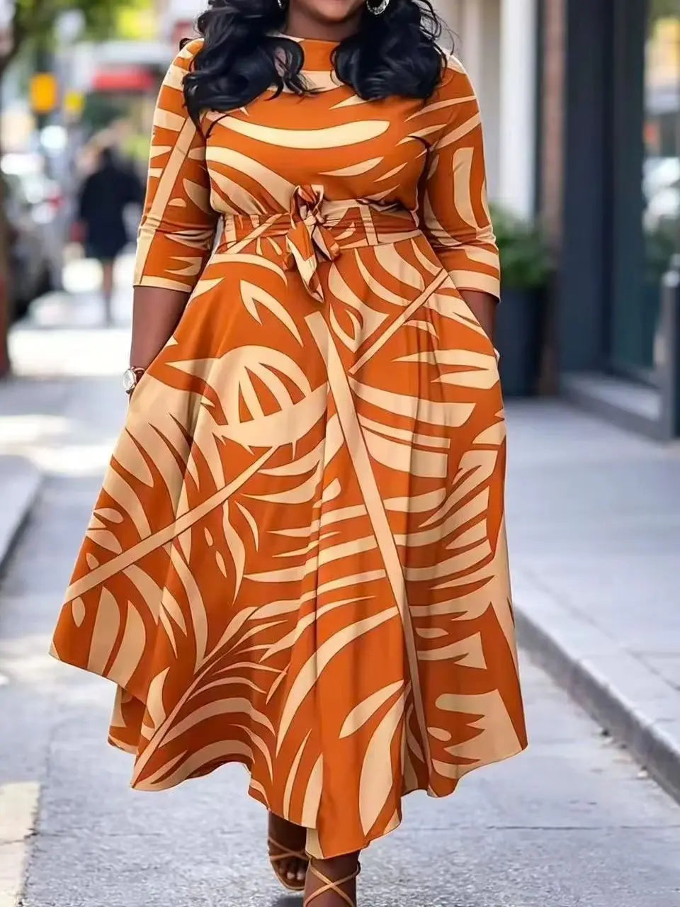 Elegant Palm Leaf Print Midi Dress With Tie Waist And Pockets