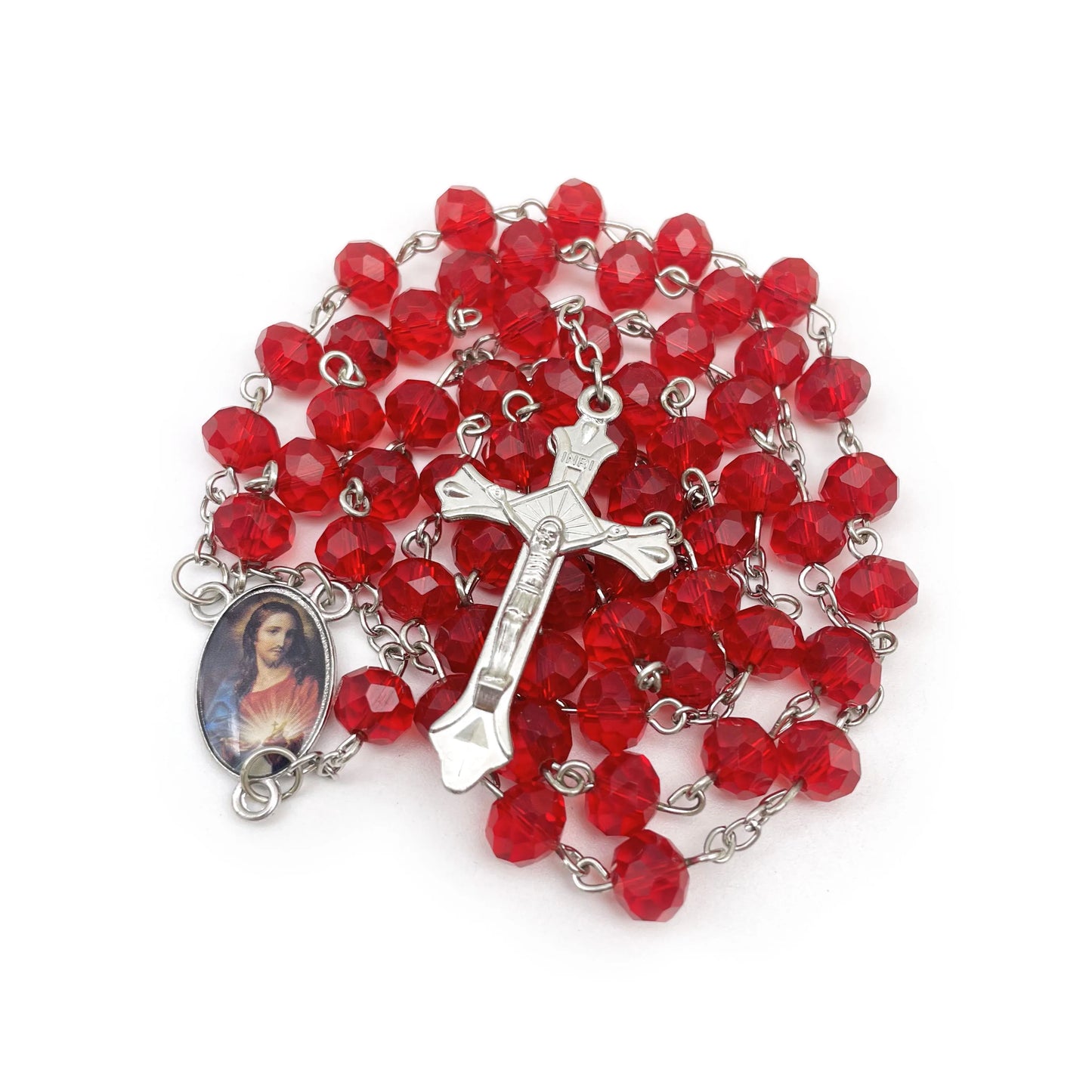 Crystal Catholic Rosary Necklace Sacred Heart Prayer Pendant Set