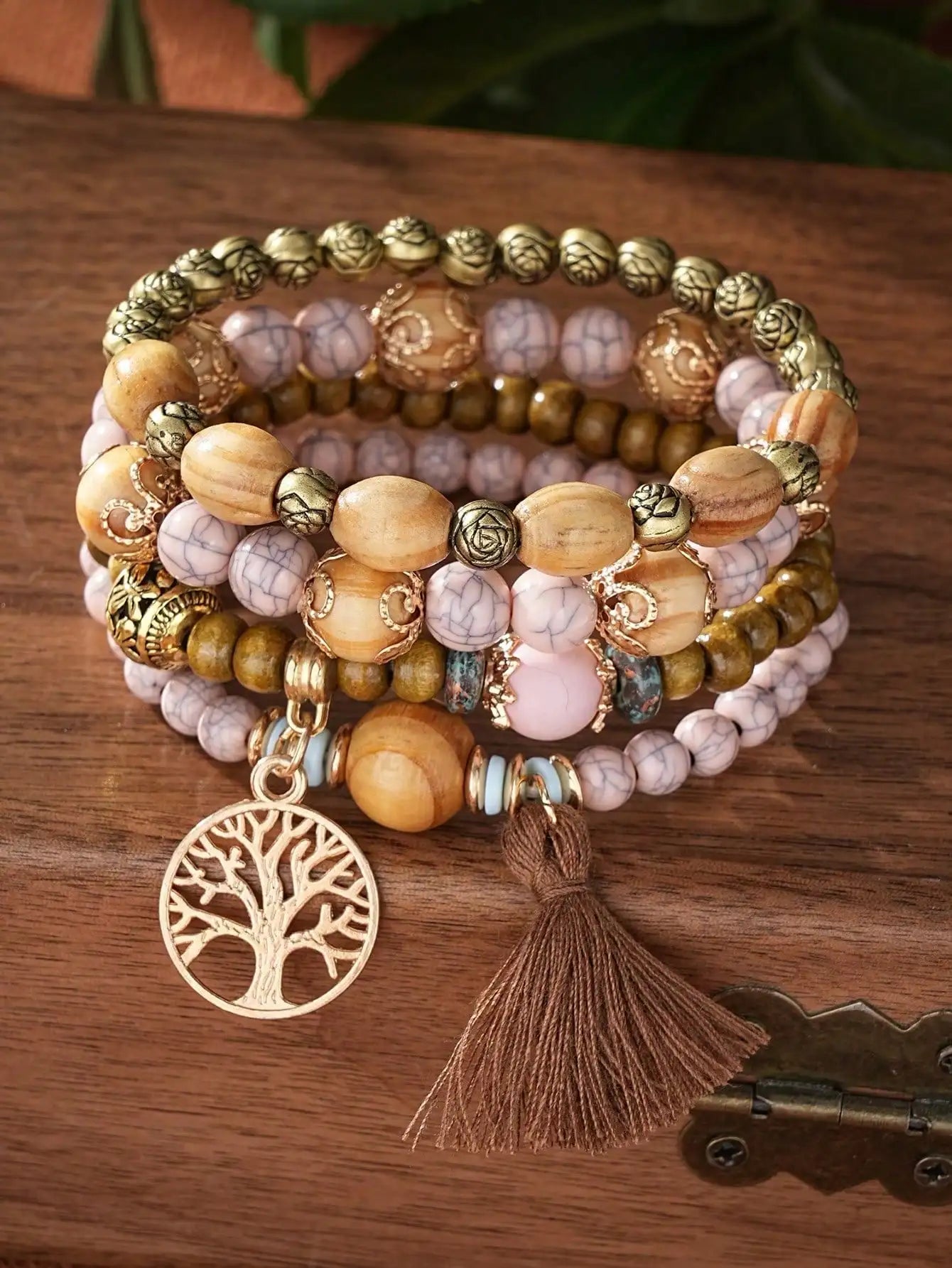 Boho Life Tree Tassel Pendant Multi Layer Wooden Beads Bracelet