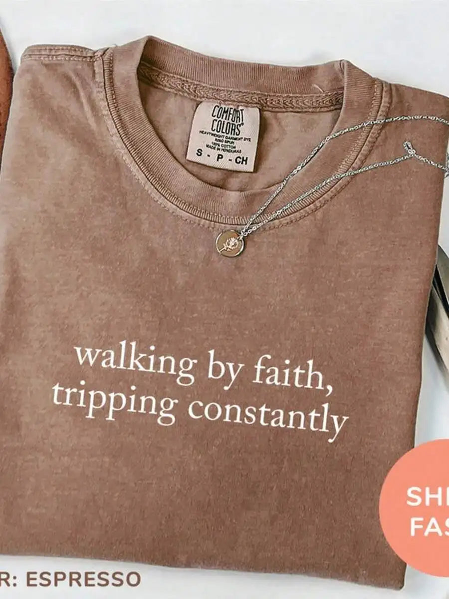 Womens Printed O-Neck Knitted Tshirt Faith Inspired Stretch Top