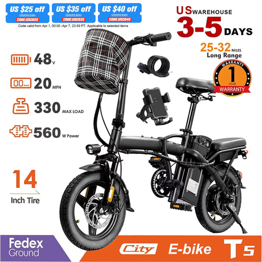 Terrosor 560W Folding Electric Bike With 48V Removable Battery