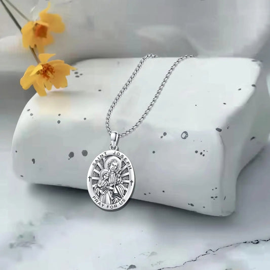 Drinsper 925 Sterling Silver Saint Joseph Medal Pendant Necklace