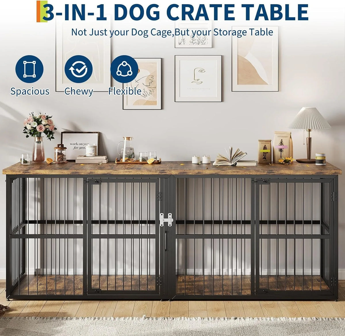 Double Dog Crate Furniture Cabinet With Divider And Storage Top