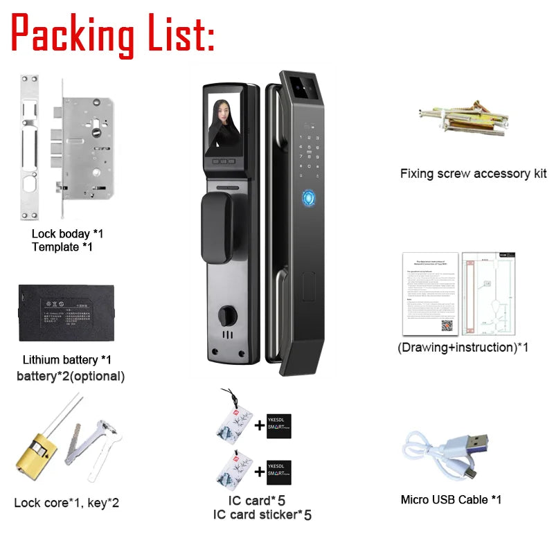 YKESDL 3D Face Recognition Digital Door Lock Camera Fingerprint Password
