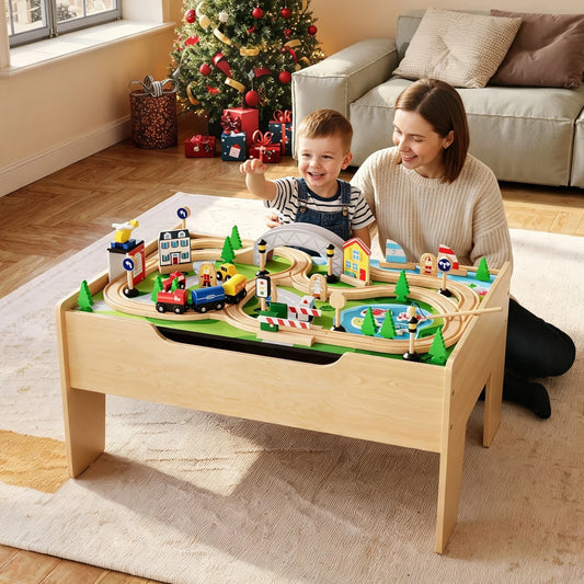 HiMISS Wooden Train Activity Table With Storage Drawer And Tracks
