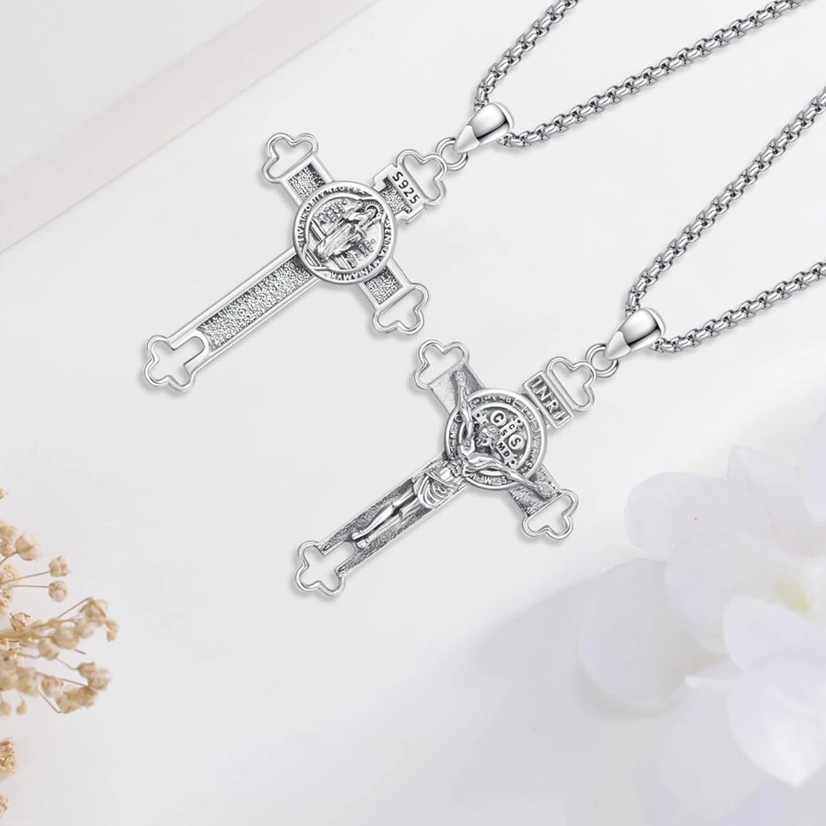 DRINSPER Saint Benedict 925 Sterling Silver Crucifix Protection Necklace