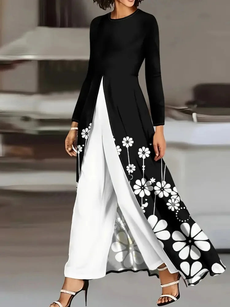 Casual Printed Knit Top And Wide Leg Pants Elegant Matching Set