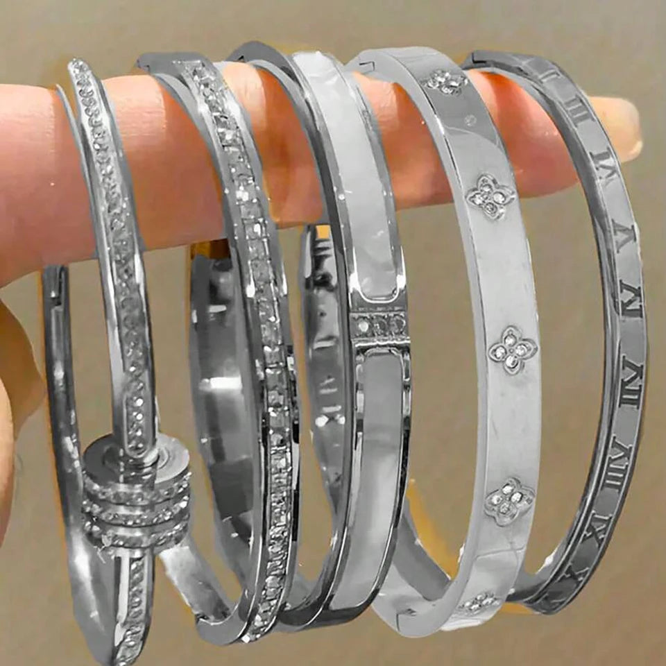Sparkling Zirconia Stainless Steel Stackable Bracelet Set For Women