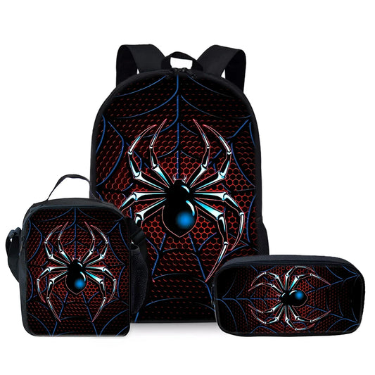 Spider Pattern Three Piece School Backpack Set for Kids and Girls