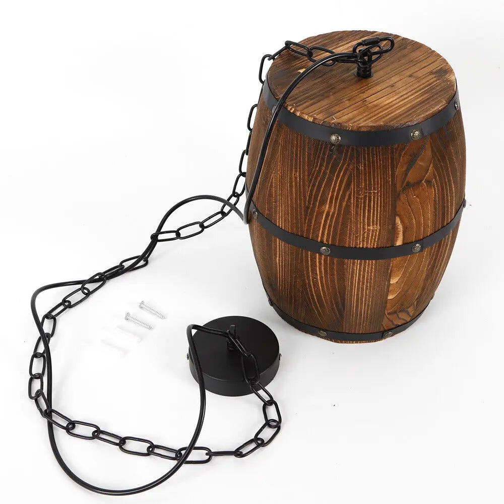 Vintage Wooden Barrel Ceiling Pendant Light For Cafe Bar Decor
