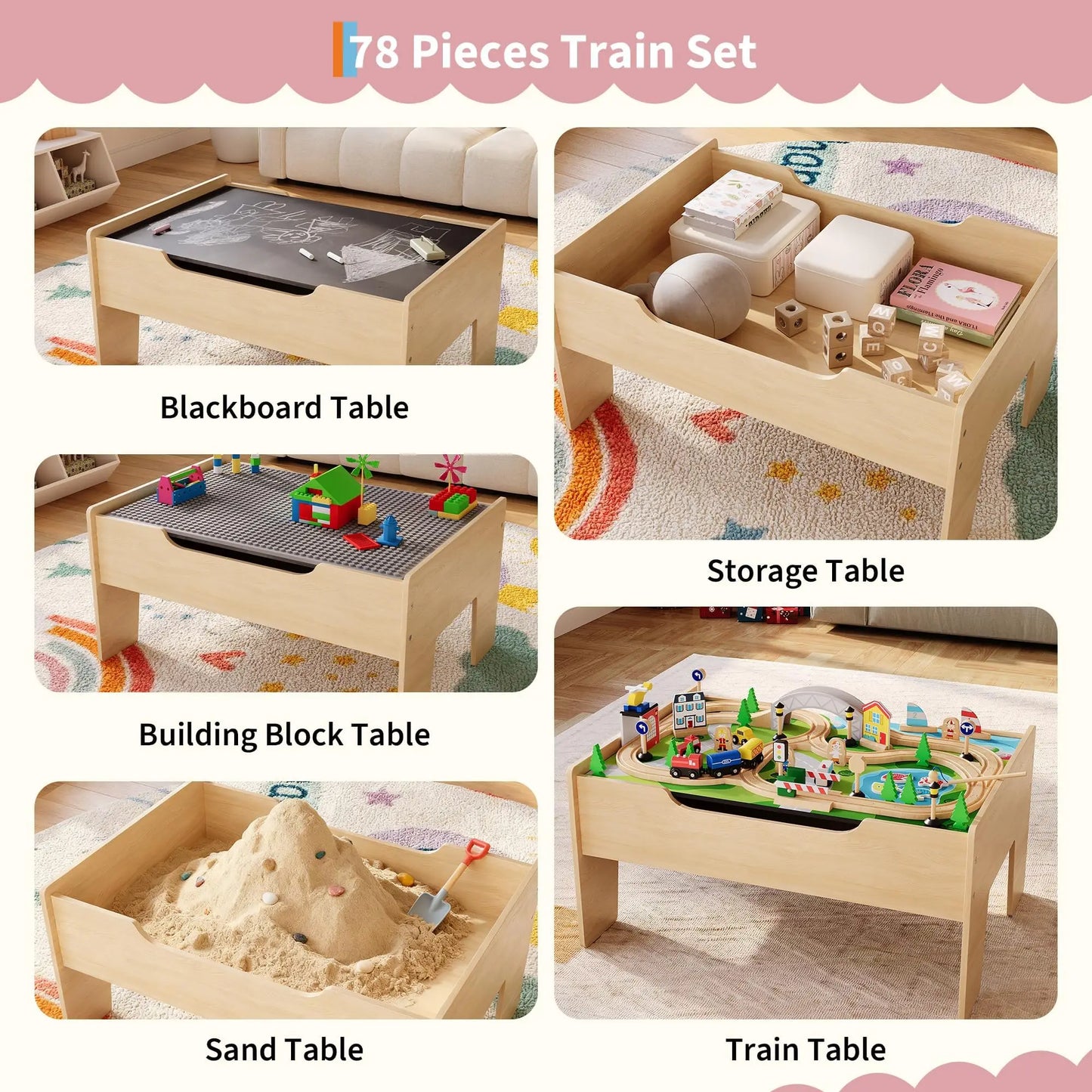 HiMISS Wooden Train Activity Table With Storage Drawer And Tracks