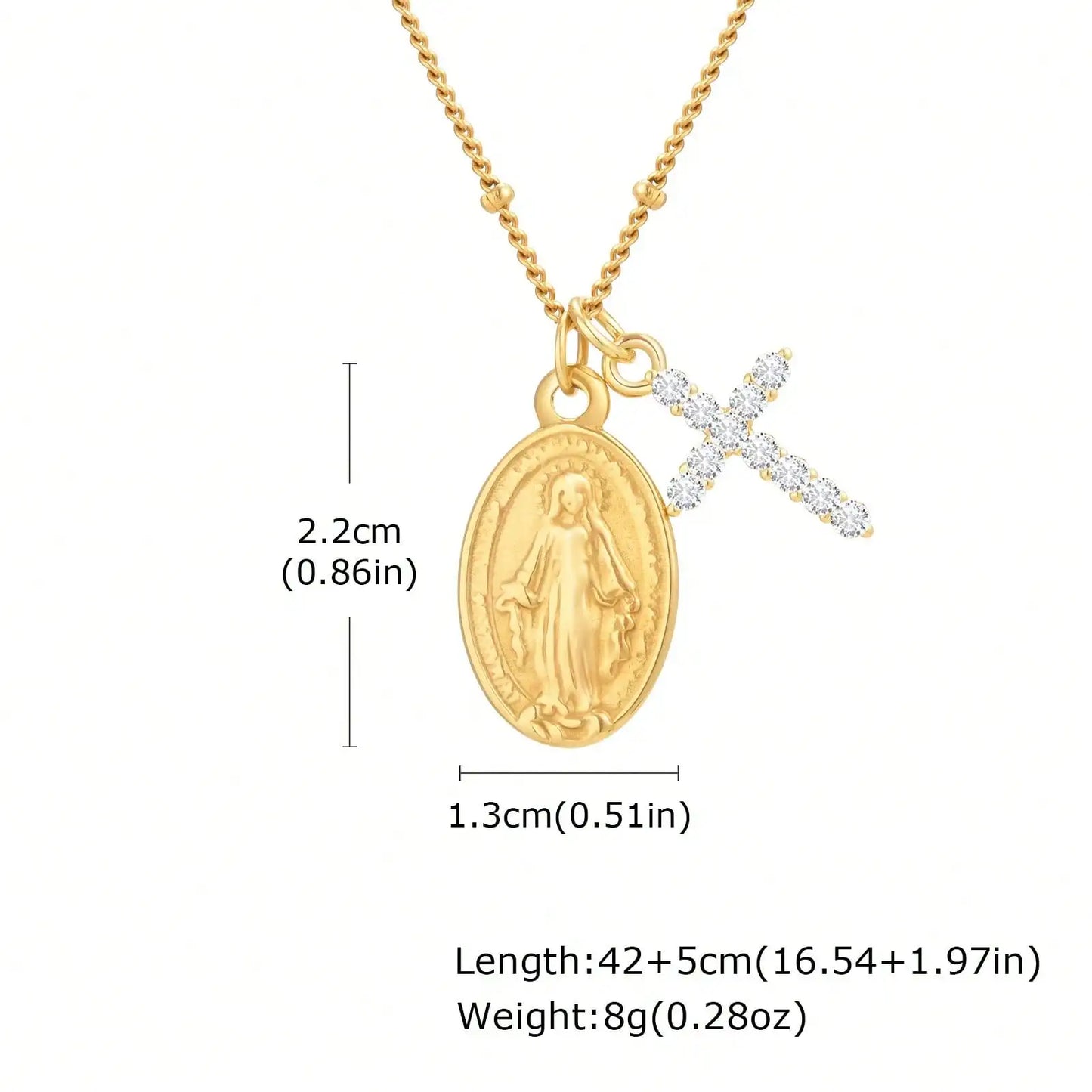 Virgin Mary Cross Pendant Necklace With Gold Plated Steel Chain