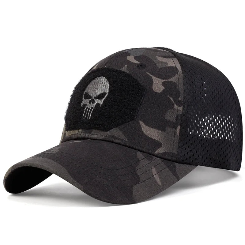 Adjustable Camouflage Mesh Baseball Cap With Skull Patch And Strap