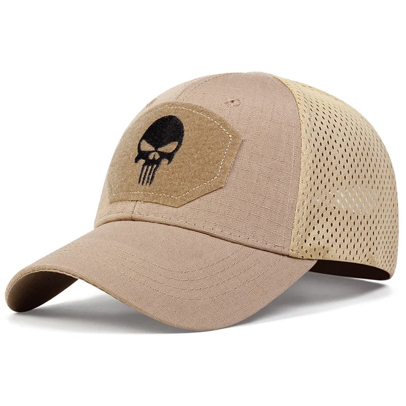 Adjustable Camouflage Mesh Baseball Cap With Skull Patch And Strap