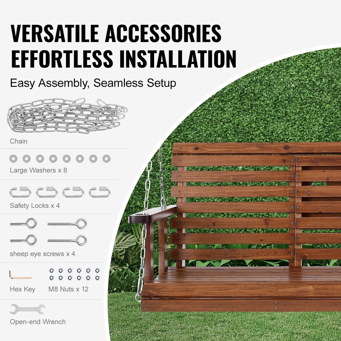 SucceBuy Outdoor Cedar Wood Porch Swing Heavy Duty Steel Chains