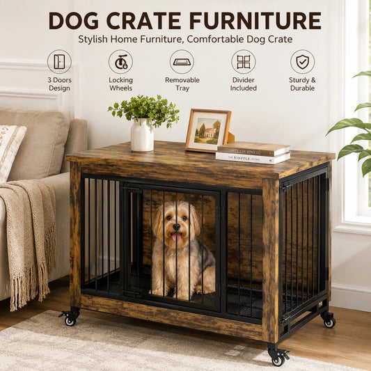 ANIXOL Wooden Dog Crate Furniture With Wheels And Removable Tray