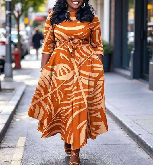 Elegant Palm Leaf Print Midi Dress With Tie Waist And Pockets