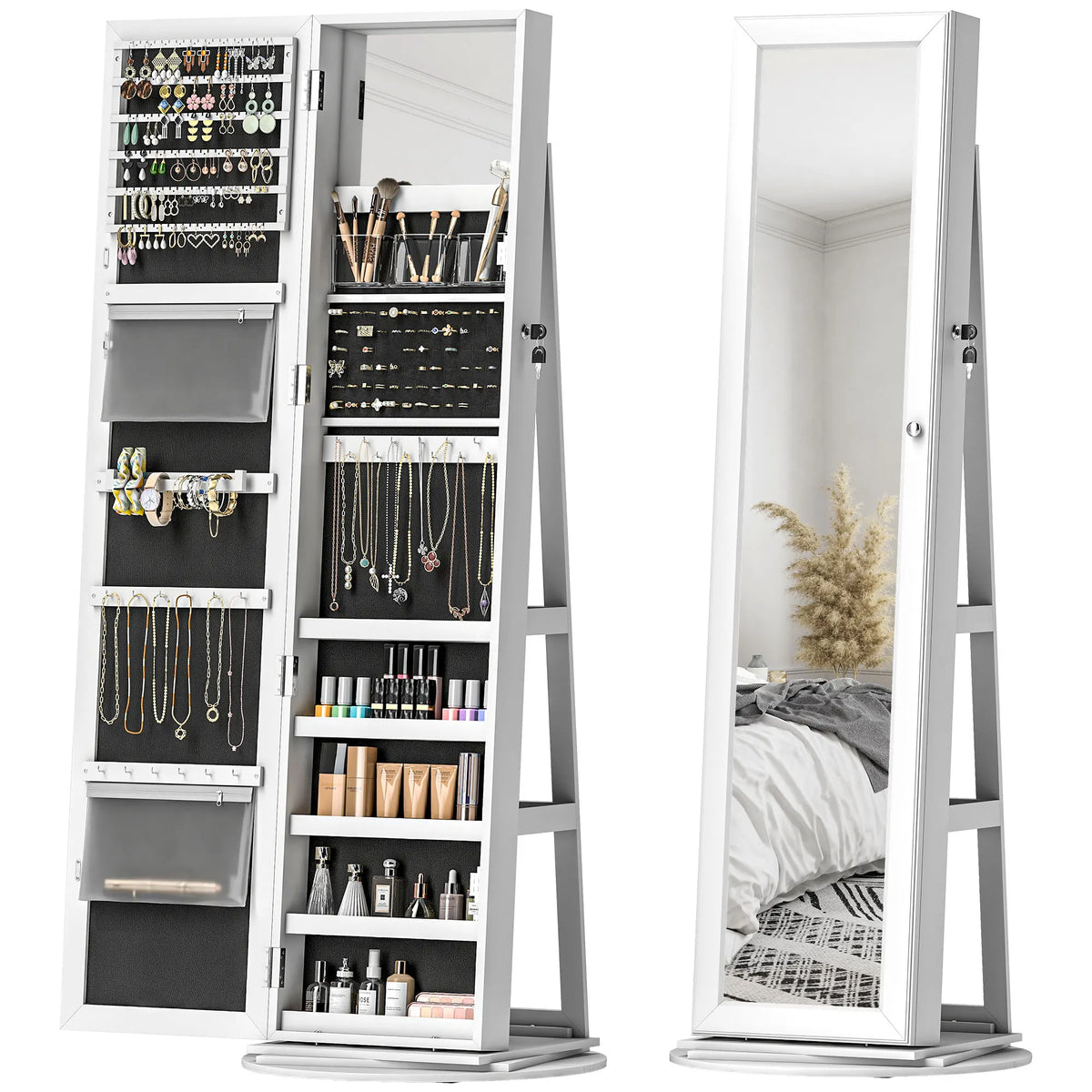 HOMCOM Swivel Jewelry Armoire With Full Length Mirror And Storage