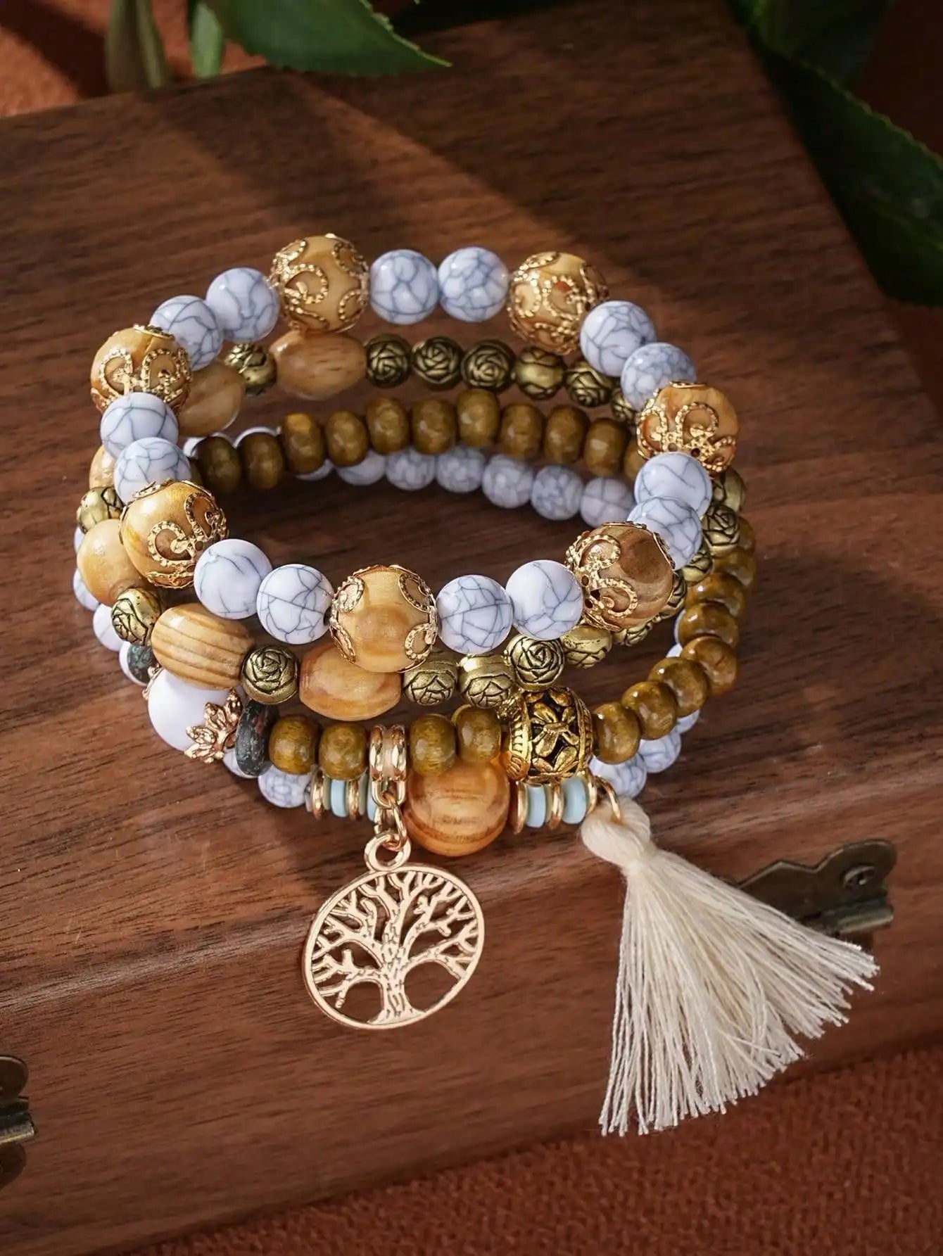 Boho Life Tree Tassel Pendant Multi Layer Wooden Beads Bracelet