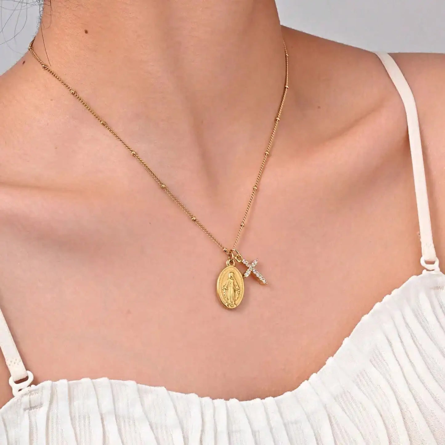 Virgin Mary Cross Pendant Necklace With Gold Plated Steel Chain