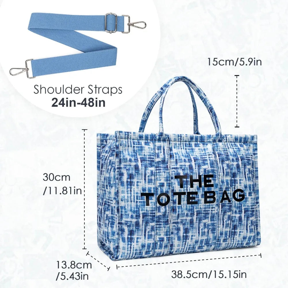 Denim Canvas Tote Bag With Zipper And Multiple Interior Pockets