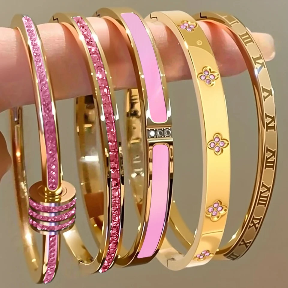 Sparkling Zirconia Stainless Steel Stackable Bracelet Set For Women