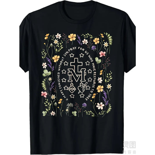 Miraculous Medal Floral Marian Catholic Mary Christian Tee Shirt